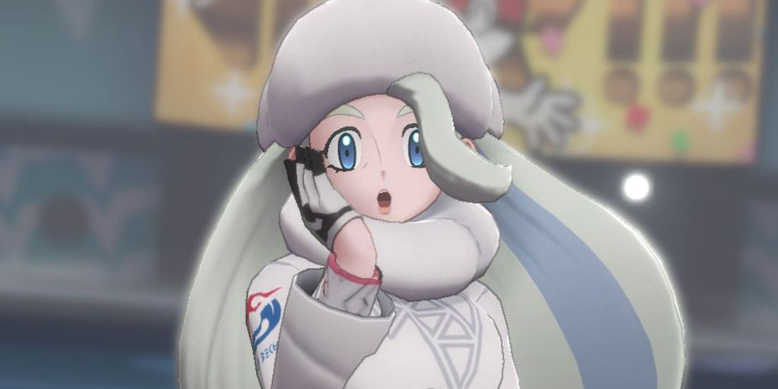 Melony from Pokemon Shield looking surprised at her opponent
