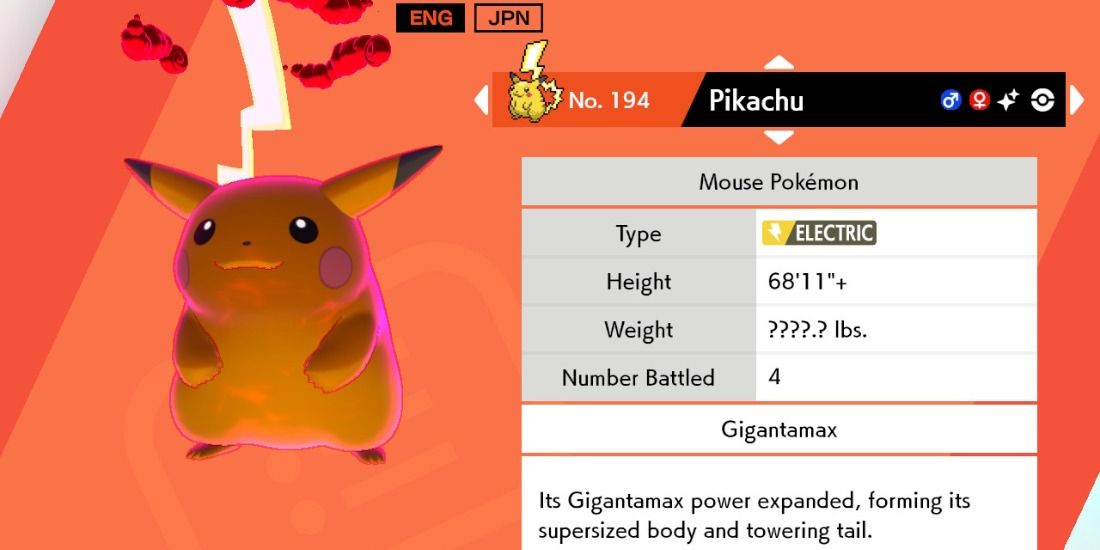 Gigantamax Pikachu's Dex entry with an unknown weight in Pokémon Sword & Shield