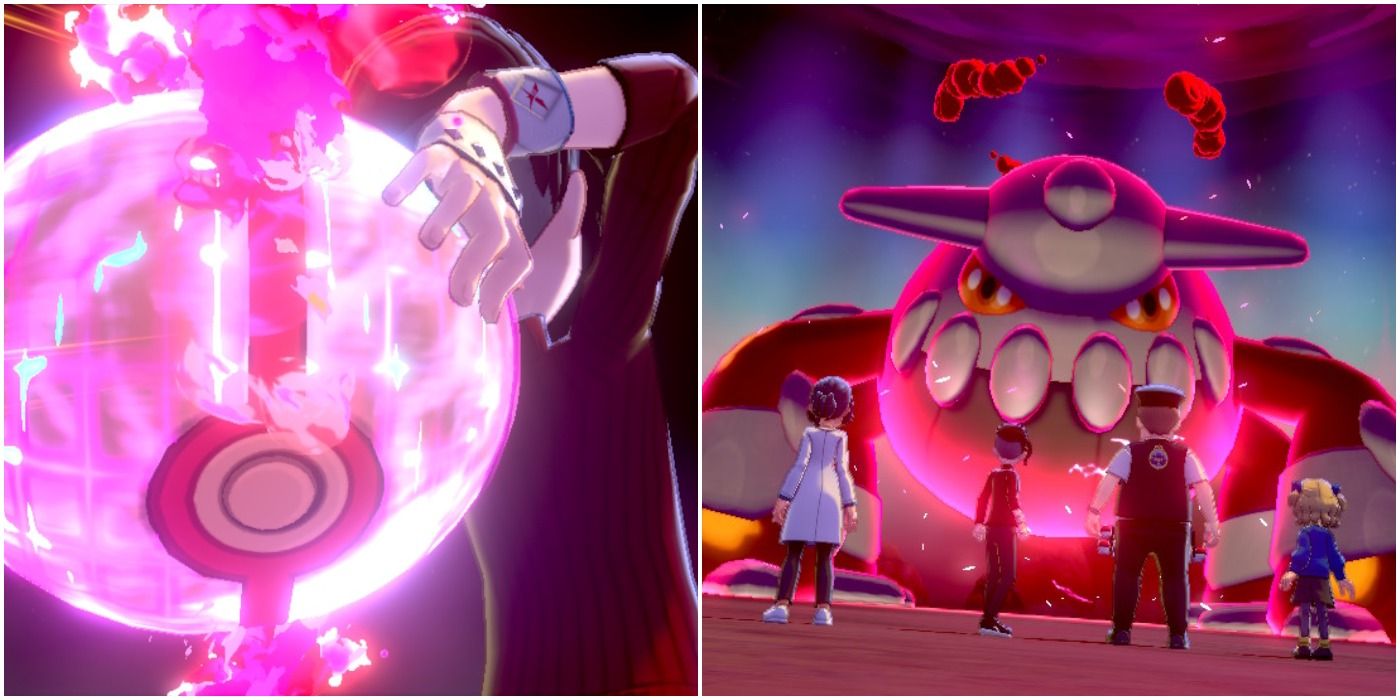 Trainer throwing a giant ball at Heatran in Pokémon Sword & Shield