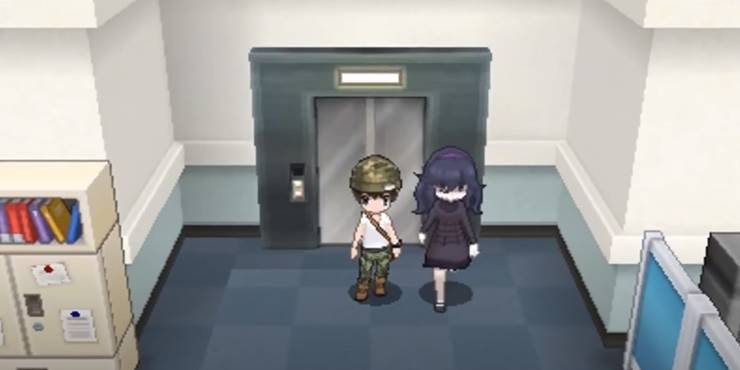 Players standing in front of an elevator as a girl floats away