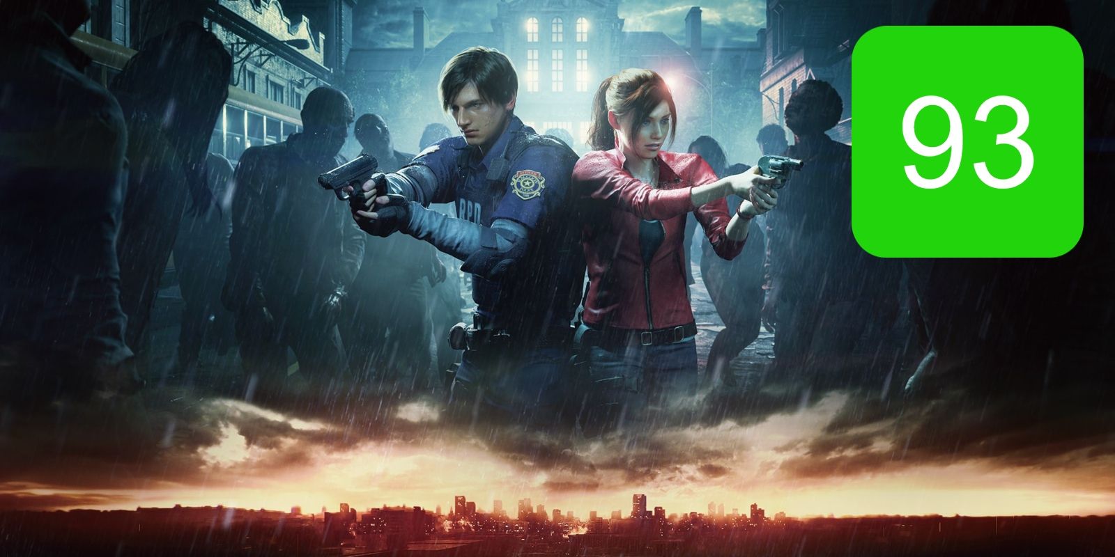 The xbox one metascore for resident evil 2, featuring leon and claire facing