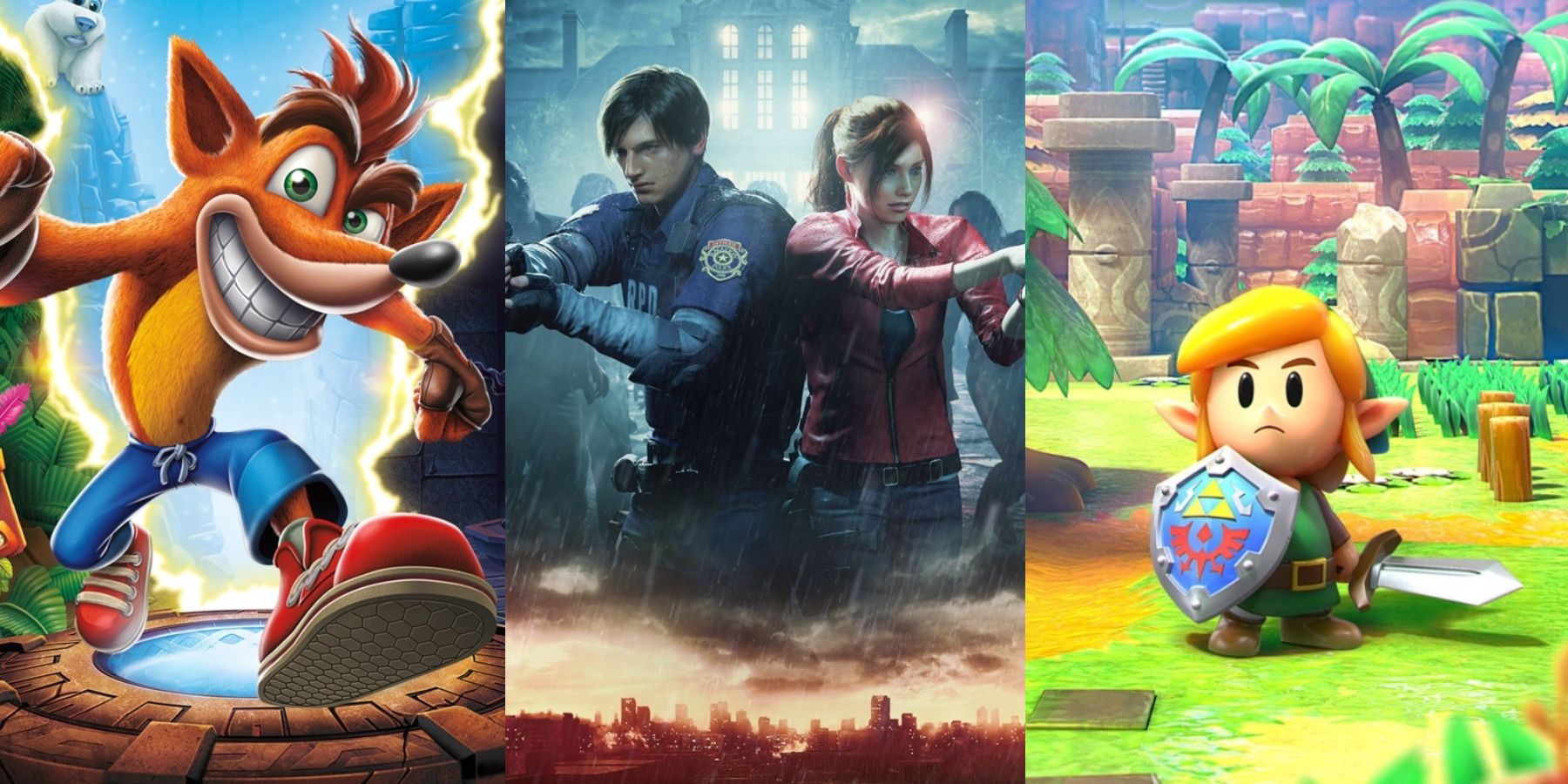 A collage of three awesome remastered games, featuring Crash Bandicoot, Resident Evil 2, and Link's Awakening
