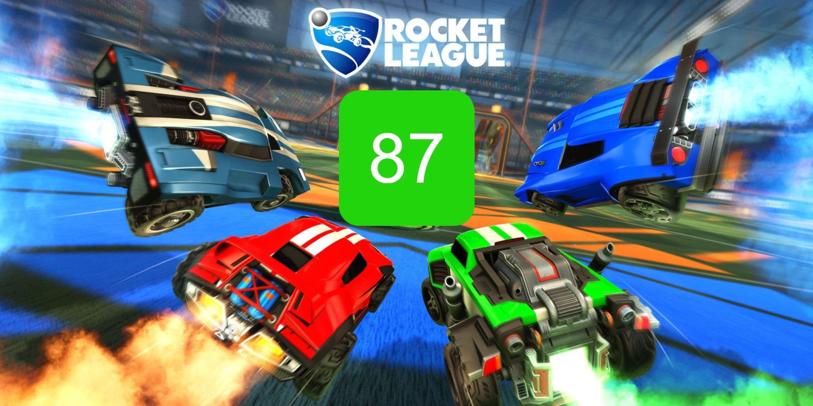 The Metascore for rocket league featuring four cars from the game