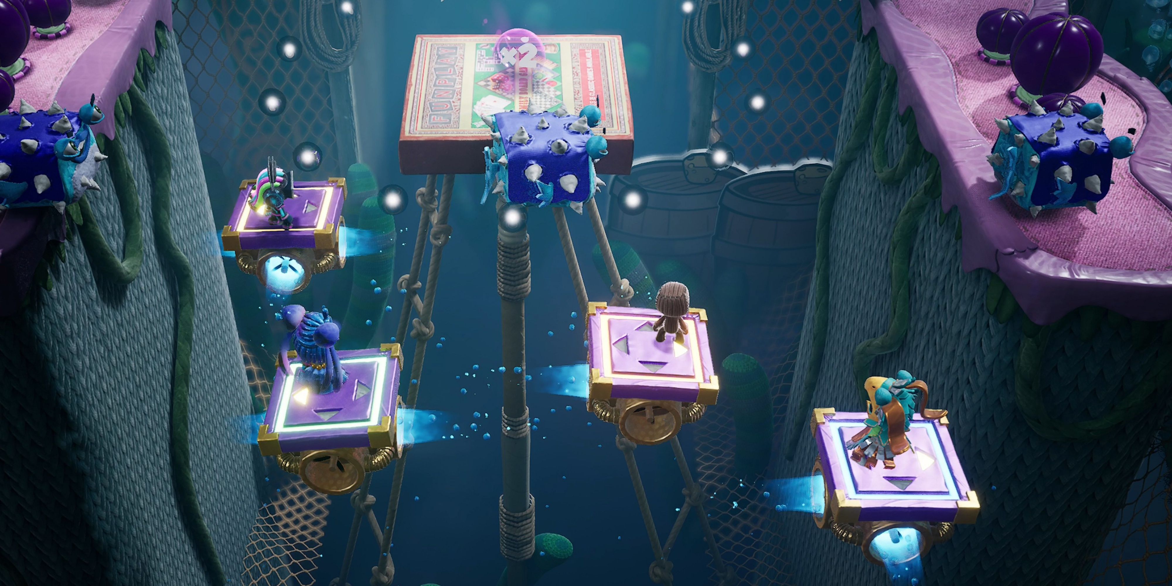 Several sackboy characters on moving platforms