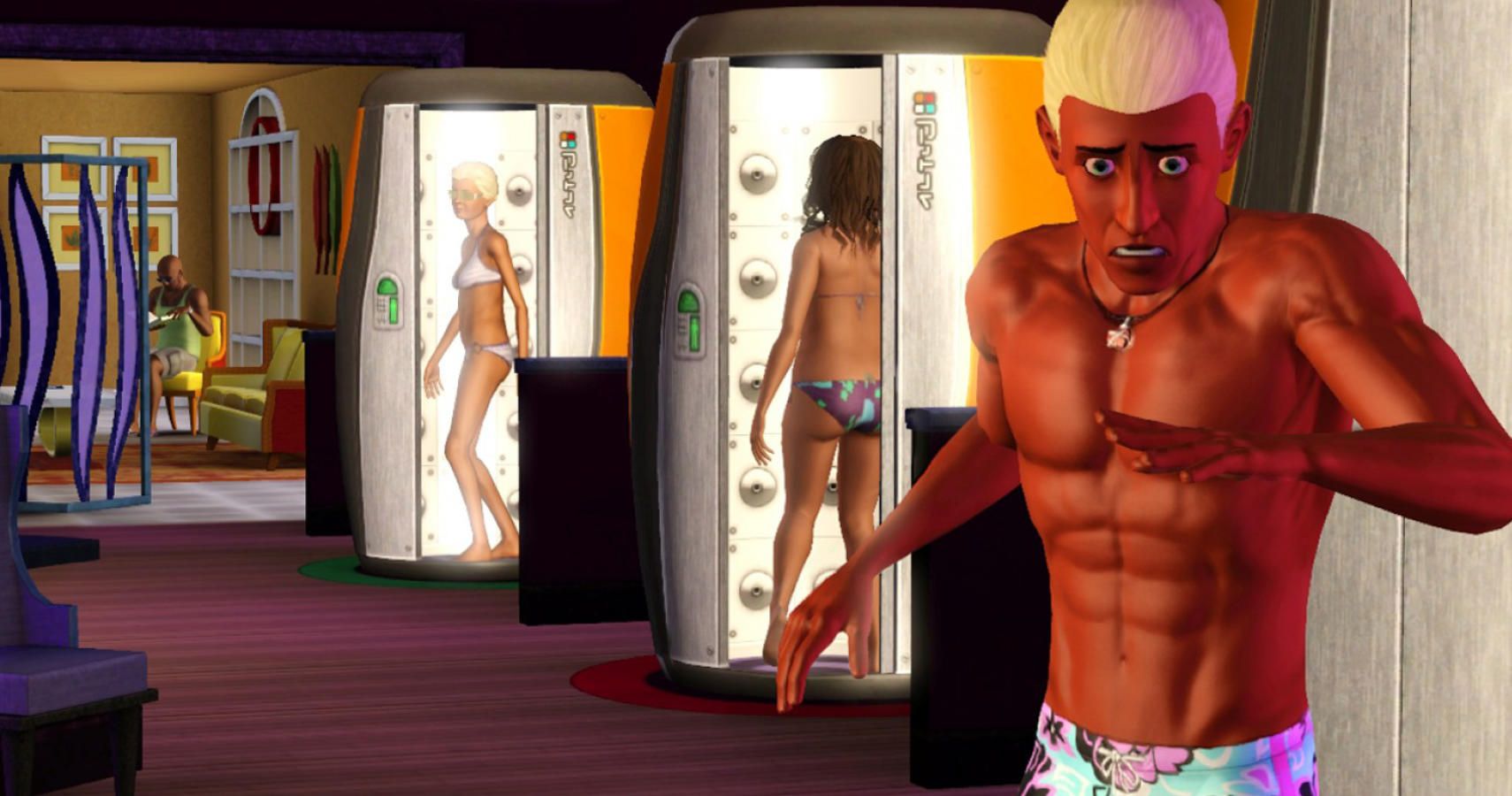 3 sims entering and exiting tanning booths in a sims 3 salon