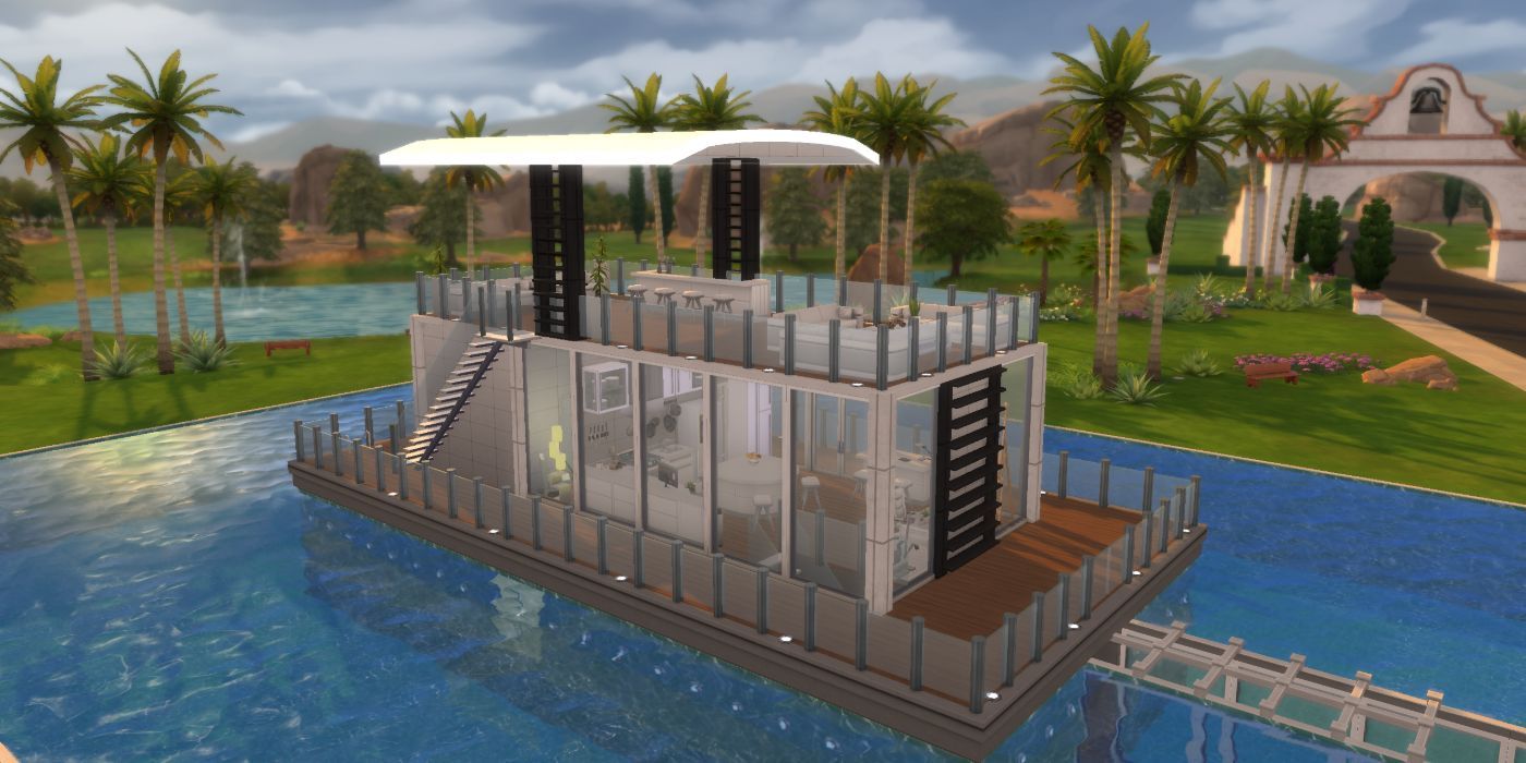 The Sims 4 fake boat as a house on a pool