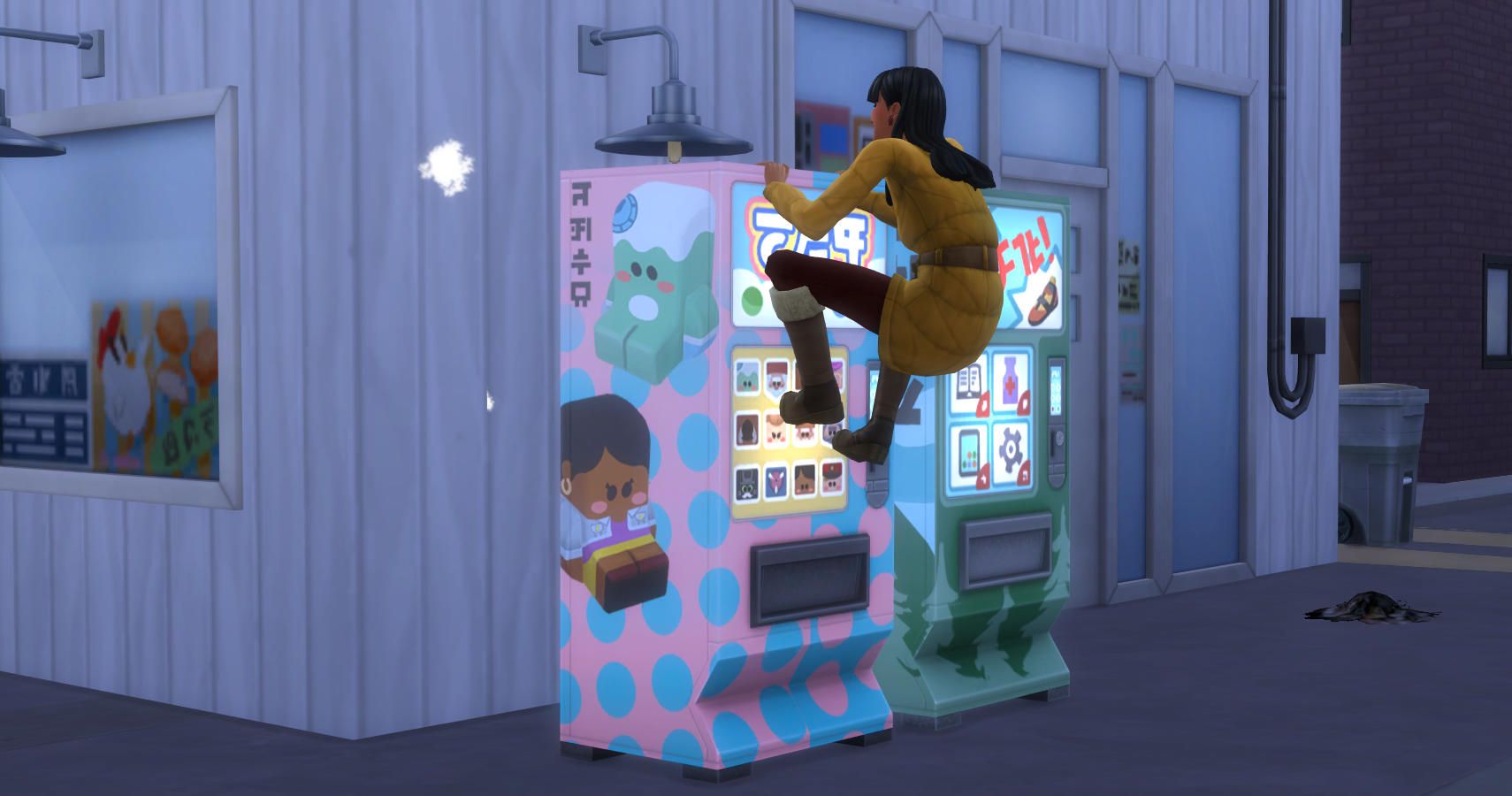 A sim climbing a vending machine