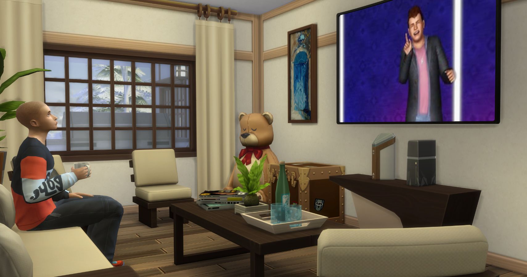 A sim watching tv in a lounge filled with widescreen, speaker and games console.