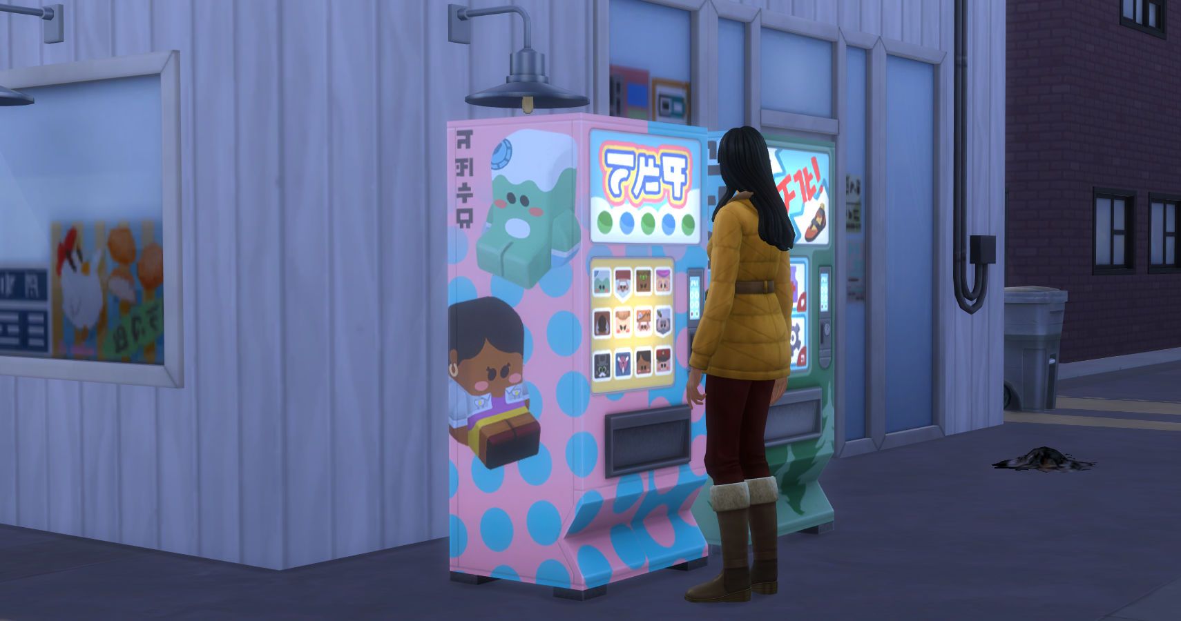 A sim standing in front of a Simmie vending machine