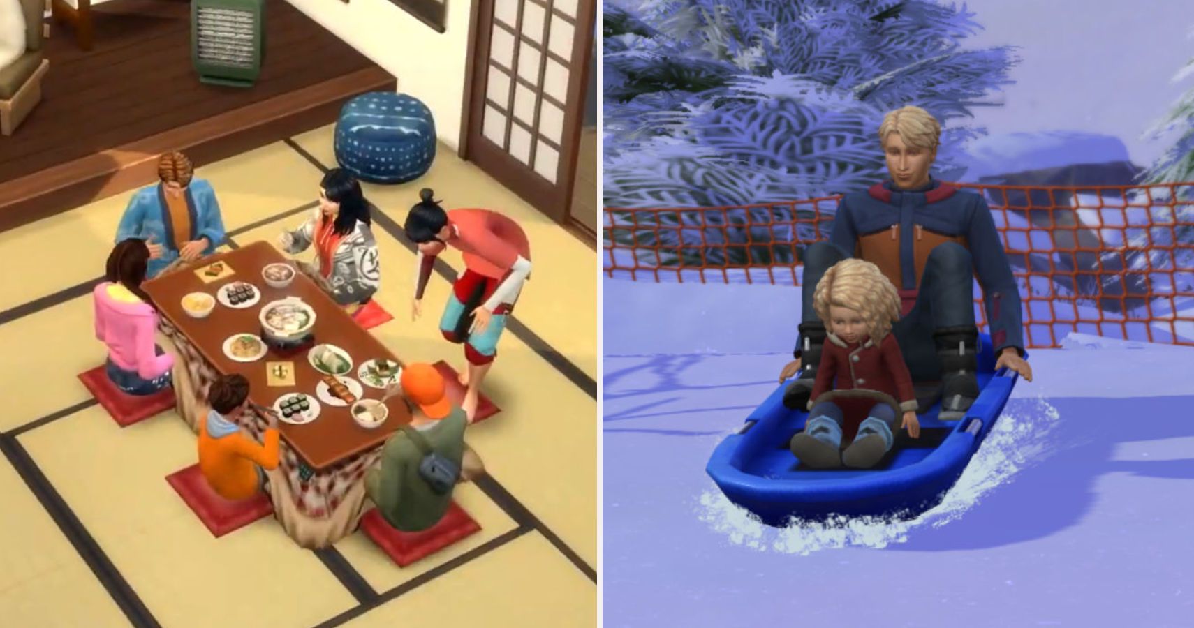 Splie image. Left side sims enjoying a hotpot meal. Right side 2 sims, father and daughter, sledding.