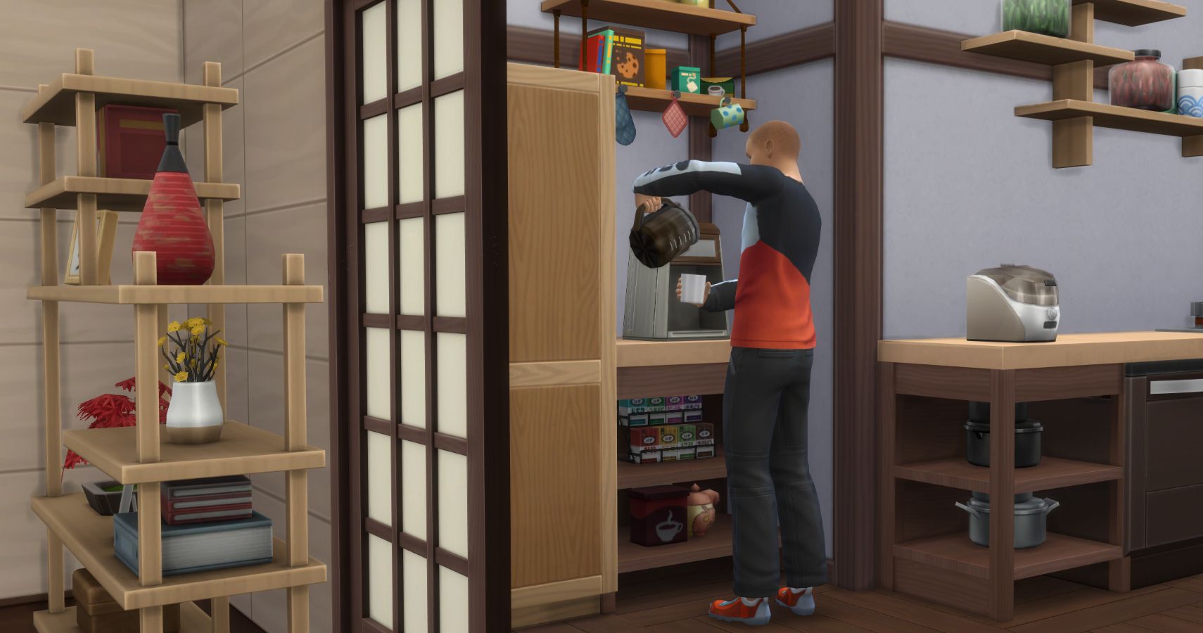 A sim making coffee in a home kitchen.