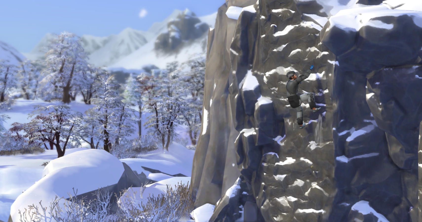 a sim climbing a large mountain