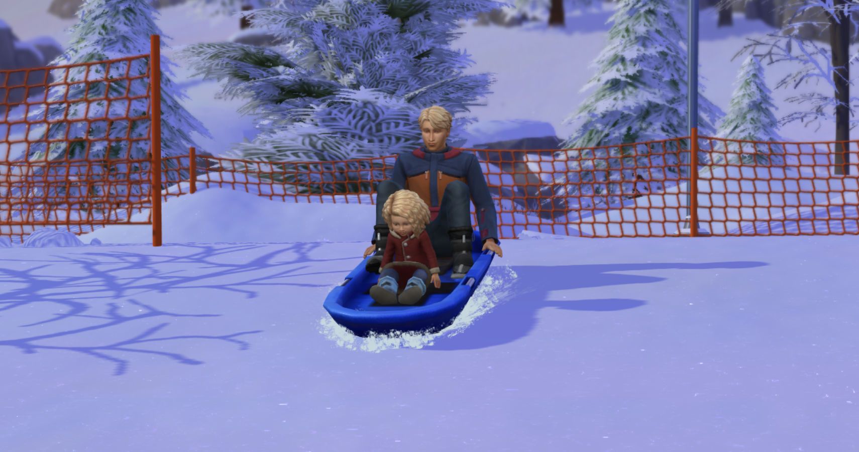 A sim sledding with a toddler down the bunny slope.