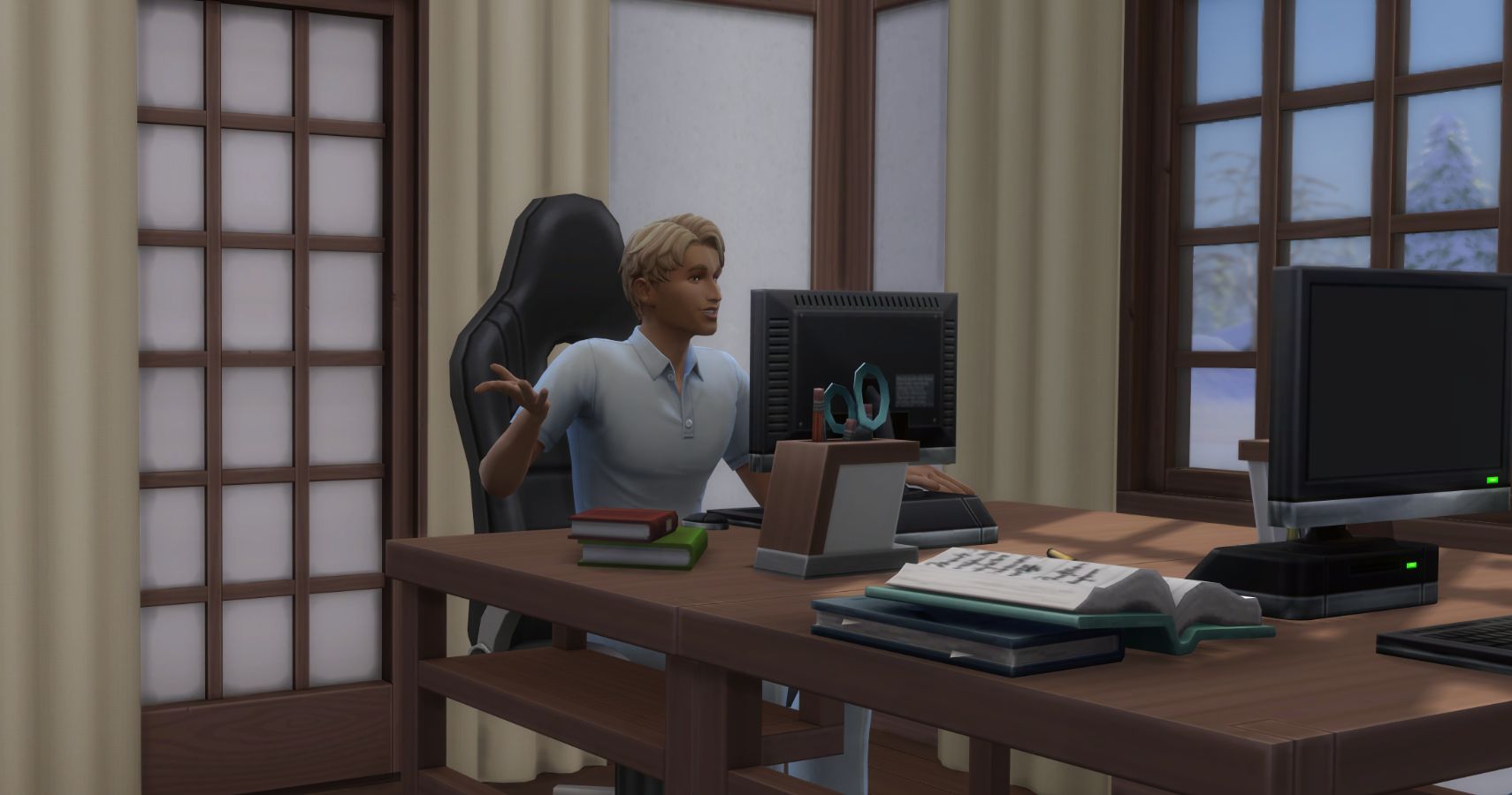 A sim working at a computer.