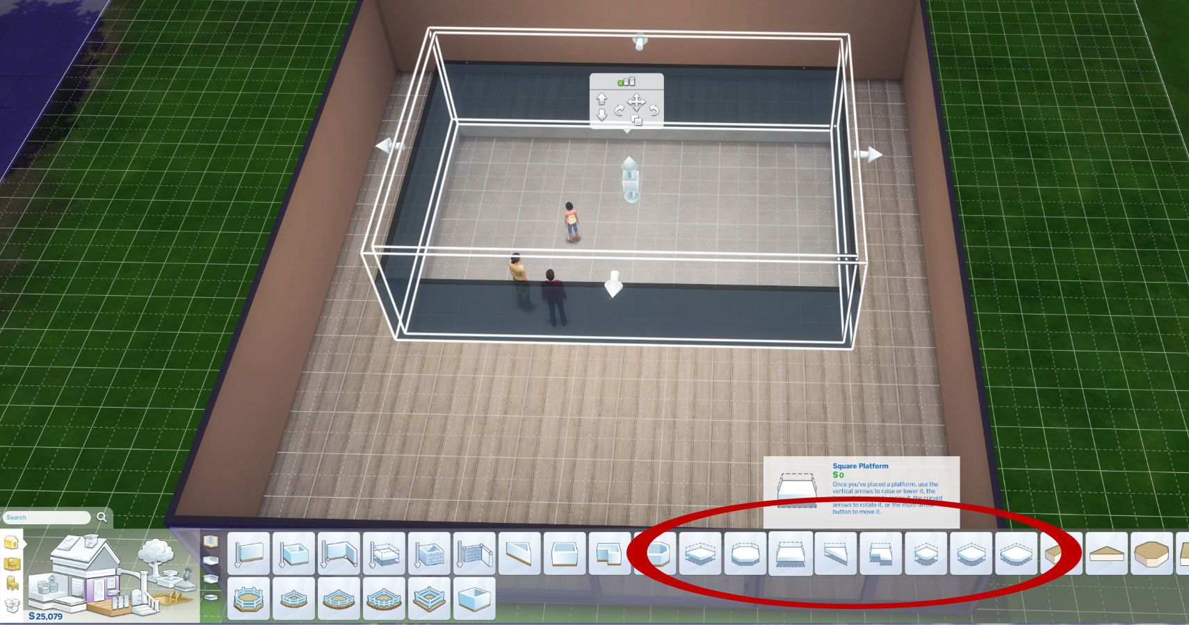 sims 4 build mode showing the platform tool location.
