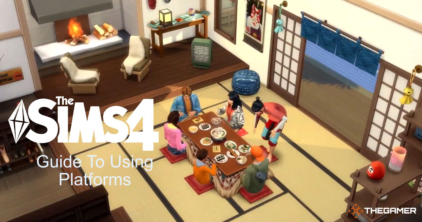 Sims eating in a room with platforms. text reads sims 4 guide to using platforms.