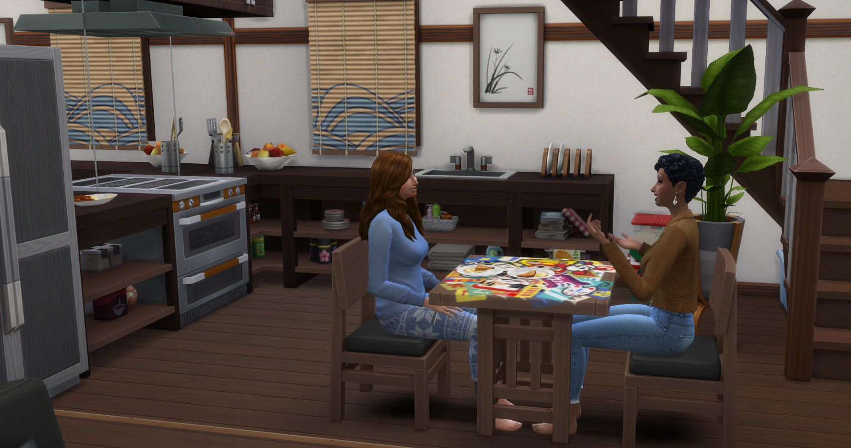 two sims eating a meal together at home.