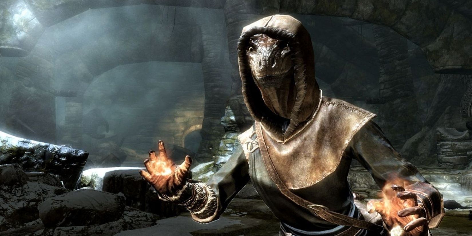 Argonian with spells at the ready in Bleak Falls Barrow