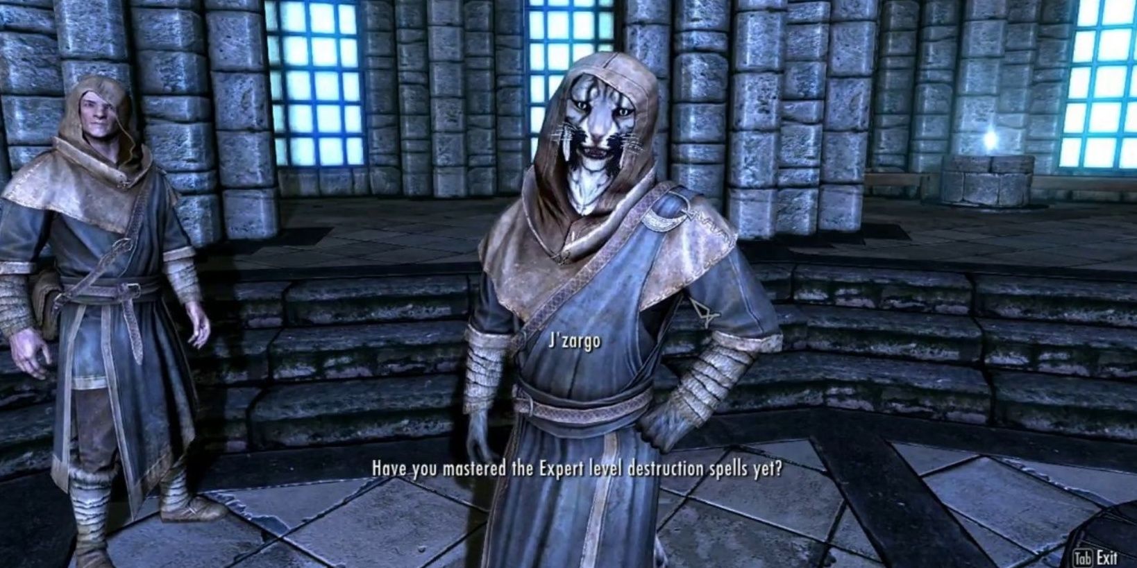 Follower J'Zargo speaking to players in the College of Winterhold main chambers; Brenuin off to the side.
