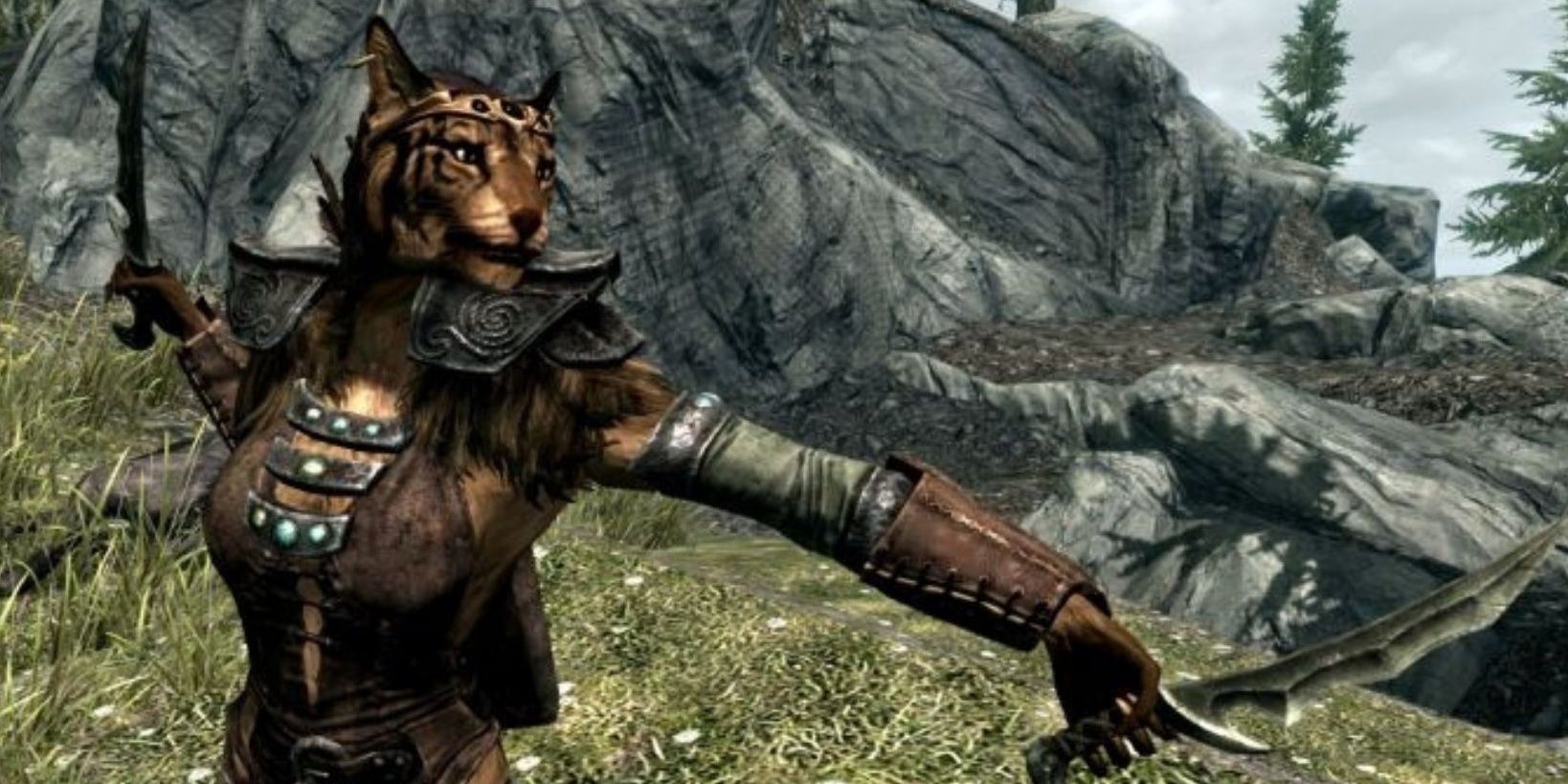 Skyrim Khajiit Character Dual Wielding swords in the mountains.