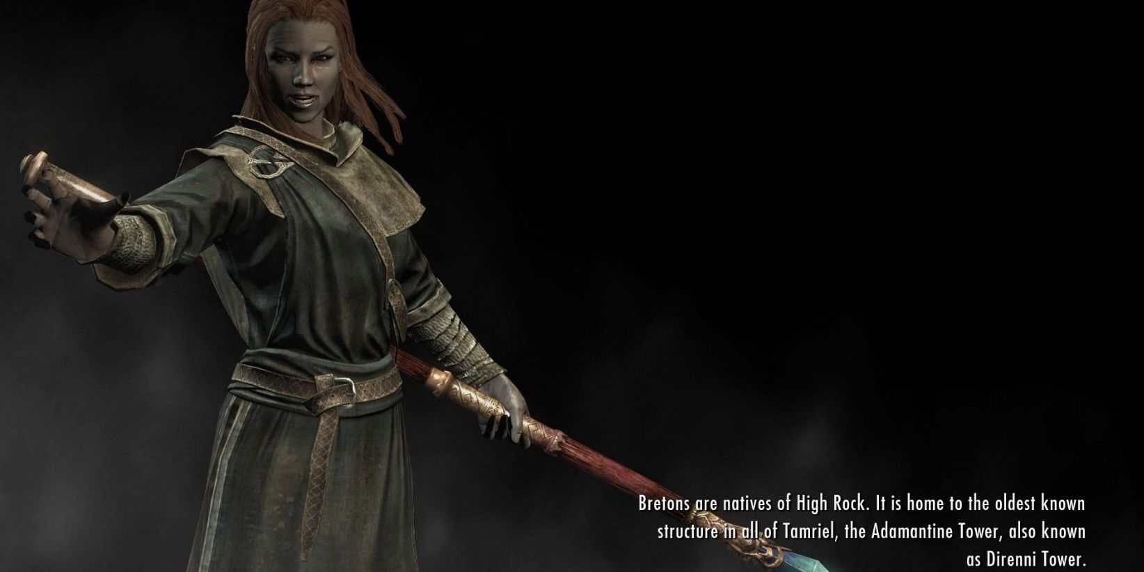 A Generic Breton mage, holding a staff, during a Skyrim loading screen