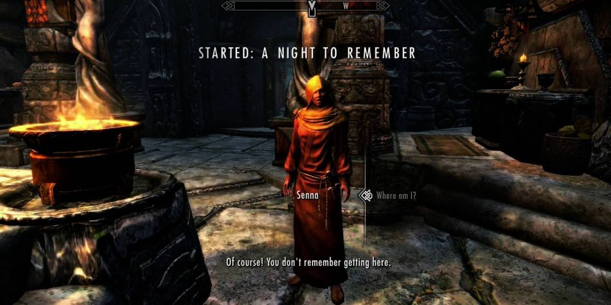 A priest scolding the Dragonborn on not remembering the night before.