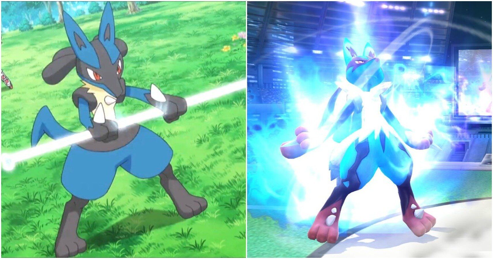 split image of anime lucario and mega evolution lucario