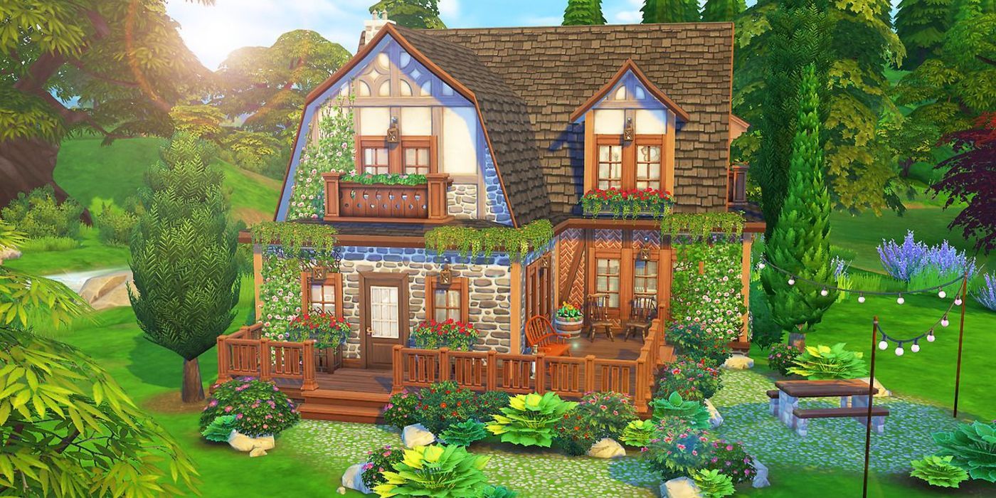 The Sims 4 rustic cottage house with lush garden