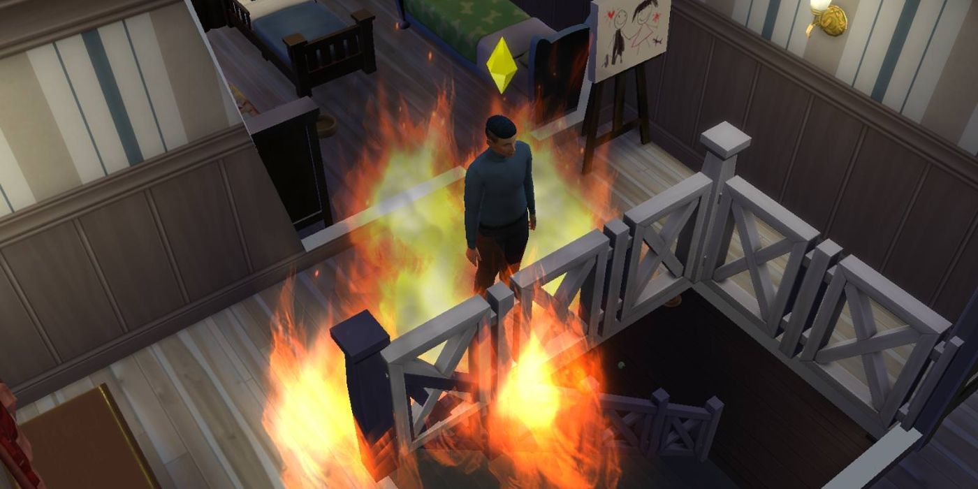 The Sims 4 Sim on fire standing in a house
