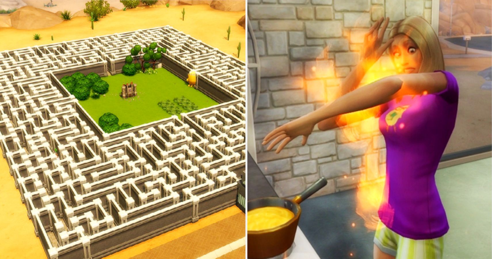 The Sims 4 fence maze and Sims caught on fire