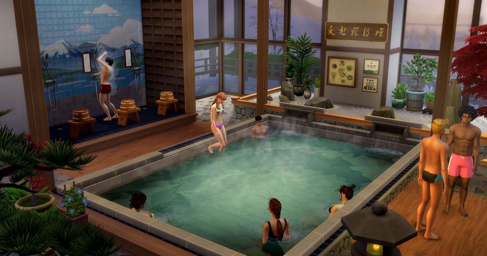 Sims in hot springs inside an Onsen