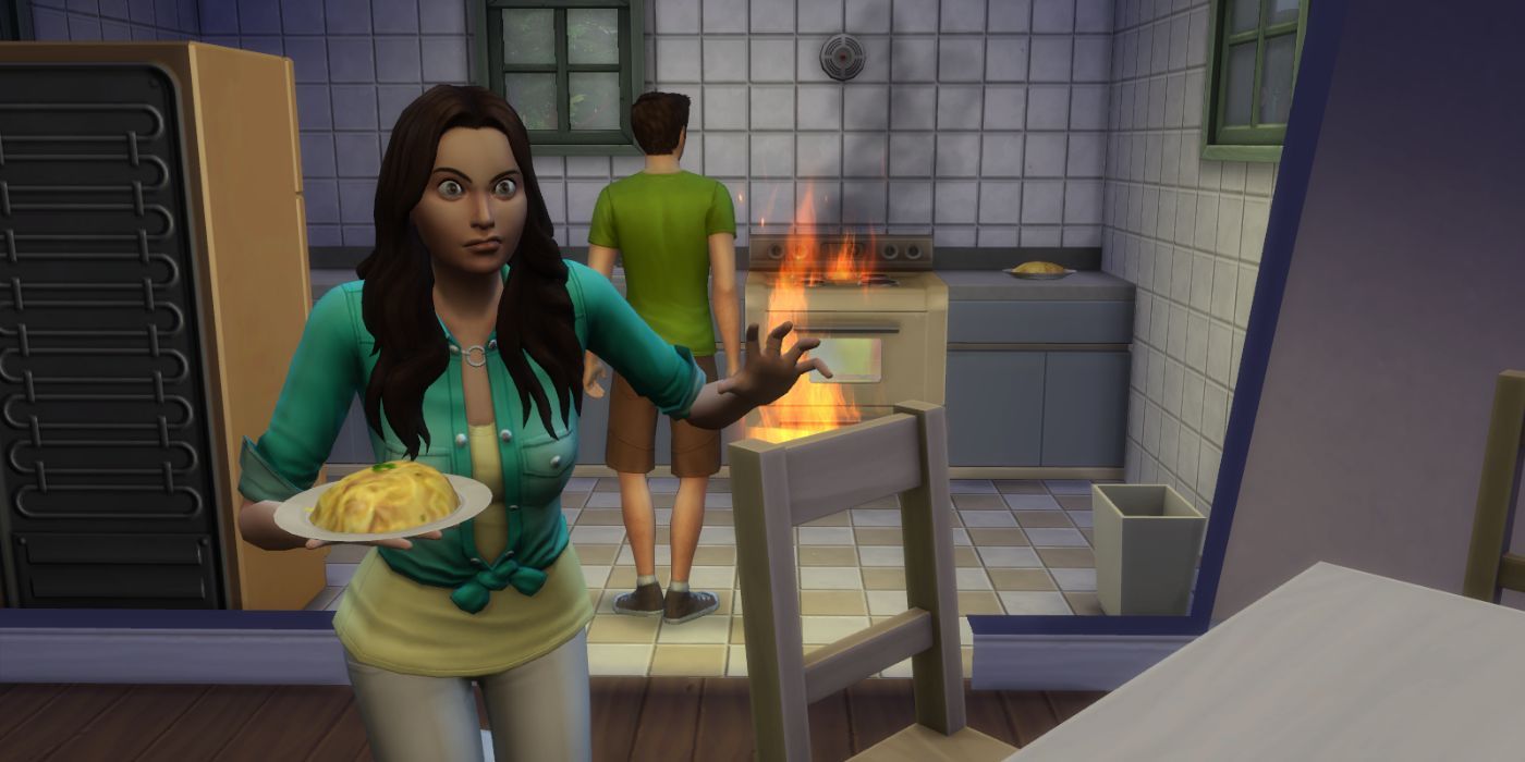 The Sims 4 stove on fire and Sim with mac and cheese plate