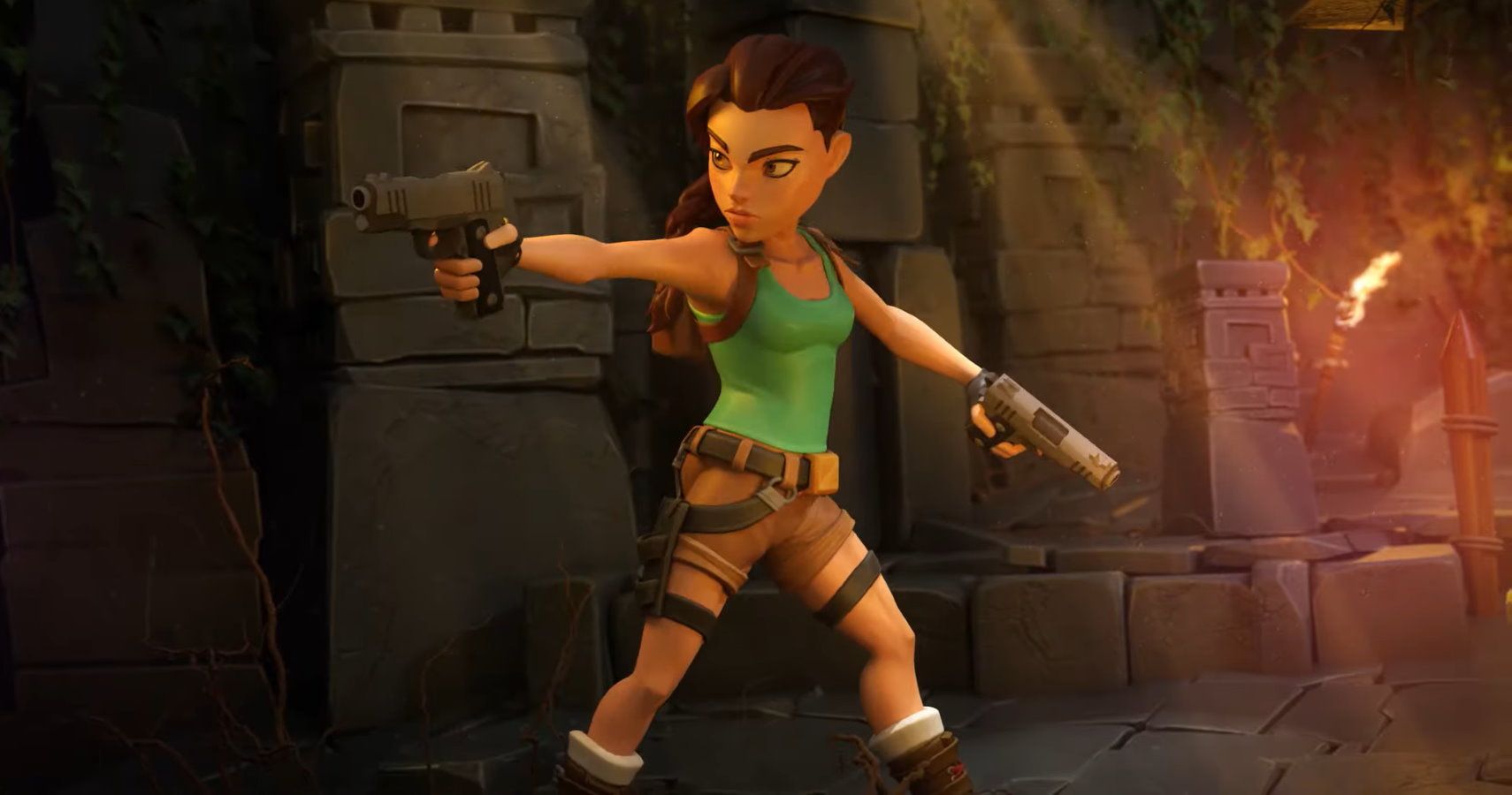 Lara aiming her pistols in Tomb Raider Reloaded