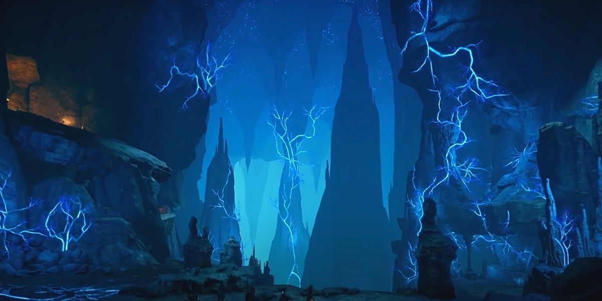 Scene of a large cavern crackling blue with electricity from Dragon Age. 