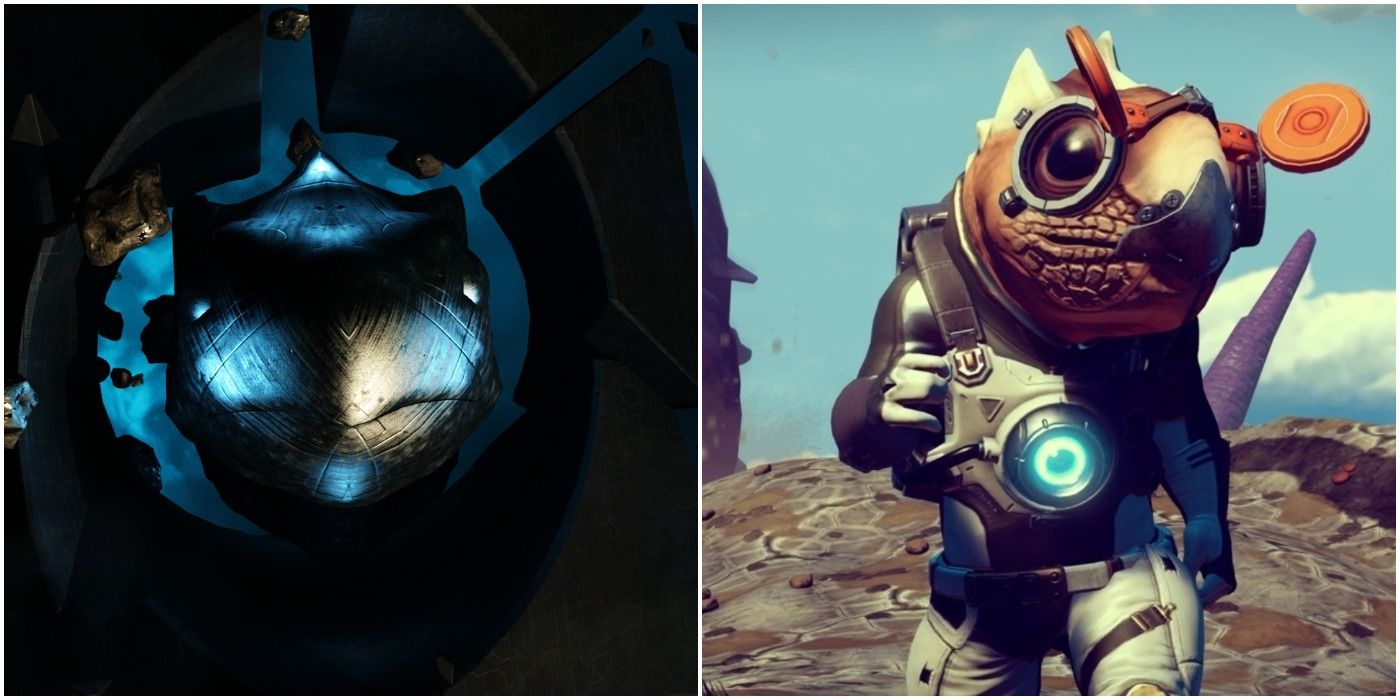 image of a First Spawn relic and a Gek giving a thumbs up in No Man's Sky
