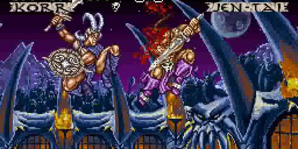 SNES Weaponlord Battle characters fighting in air surrounded by spikes