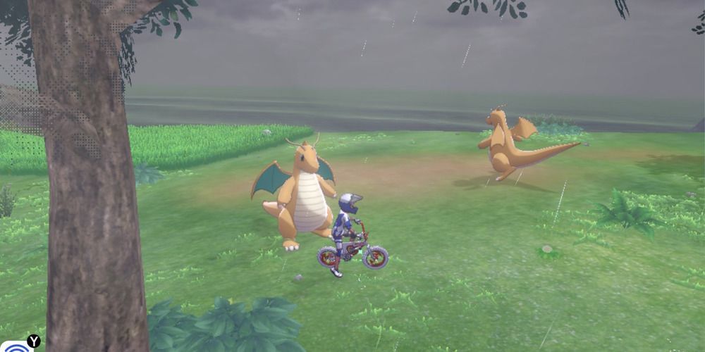 Two wild Dragonites in The Crown Tundra in Pokemon Sword and Shield