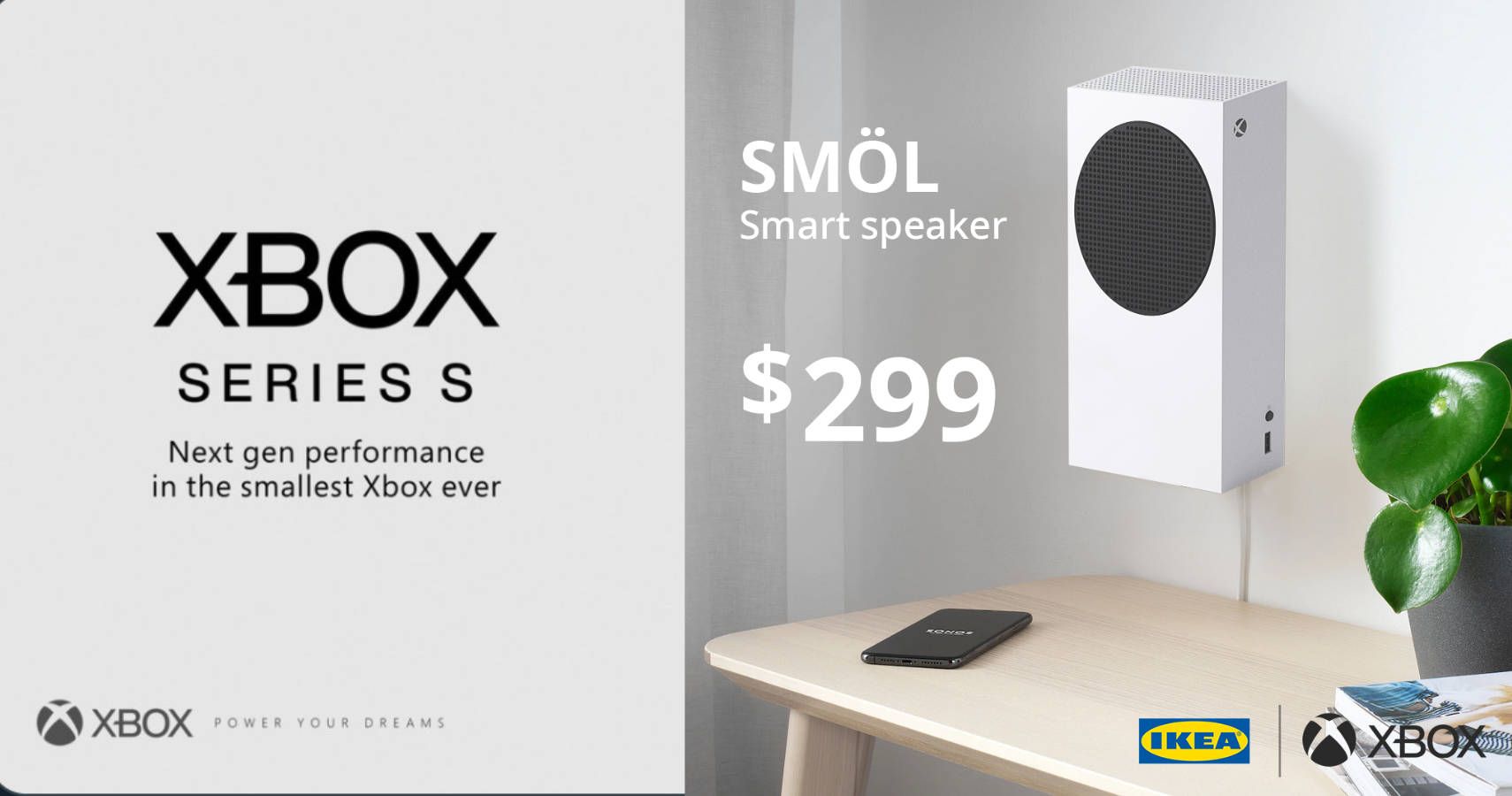 left side of image series s poster while the right side shows the console on a wall above a table with the words SMOL speaker next to it in an IKEA catalogue style.
