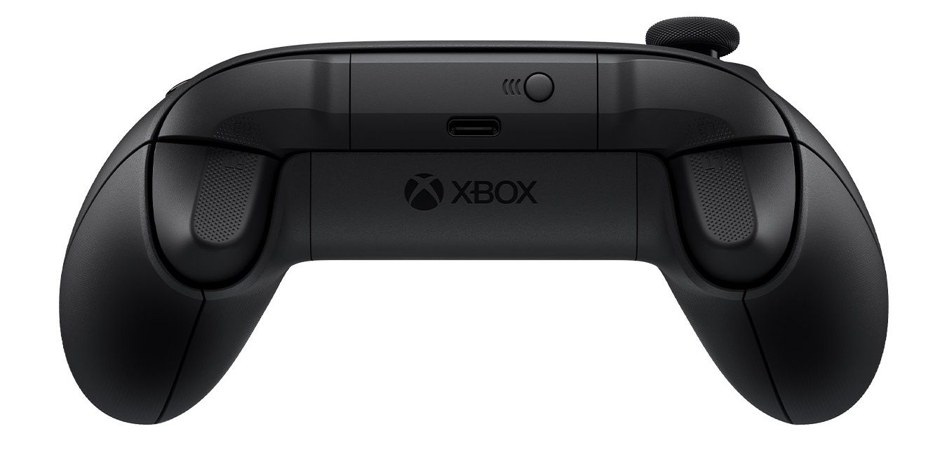 The Xbox Series X controller viewed flat, from the front triggers.
