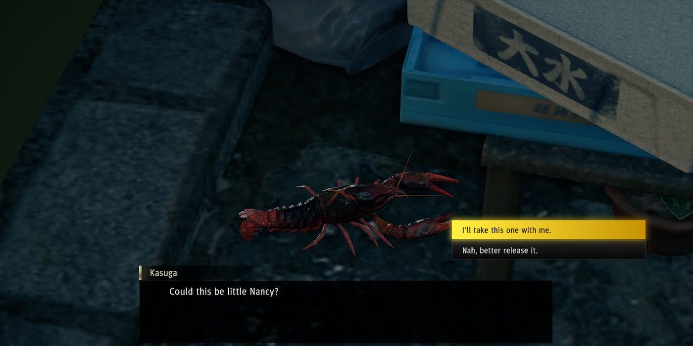 A screenshot from Yakuza: Like A Dragon, showing Ichiban contemplating whether or not to take a crawfish with him