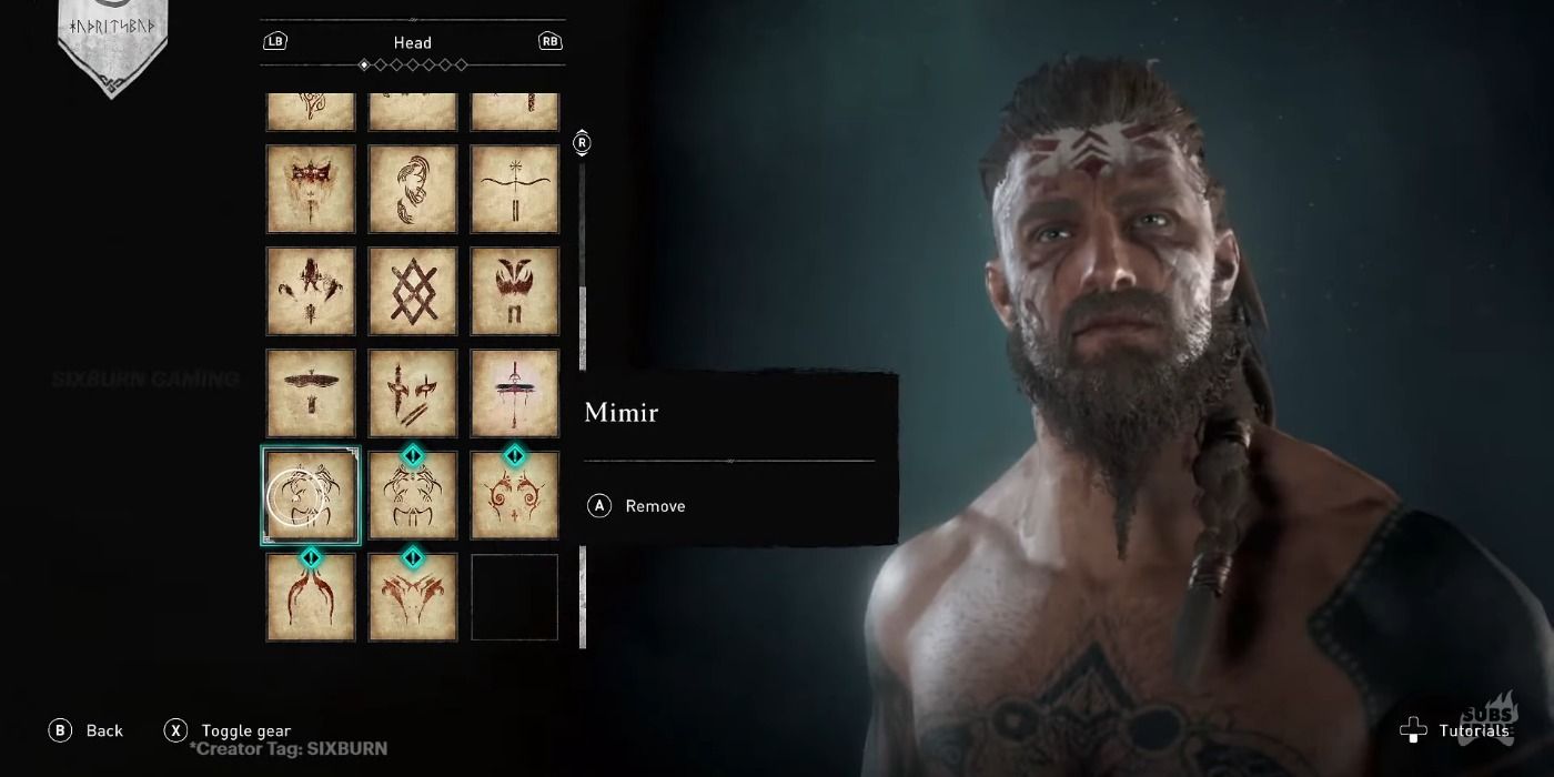Mimir face tattoo in Assassin's Creed Valhalla