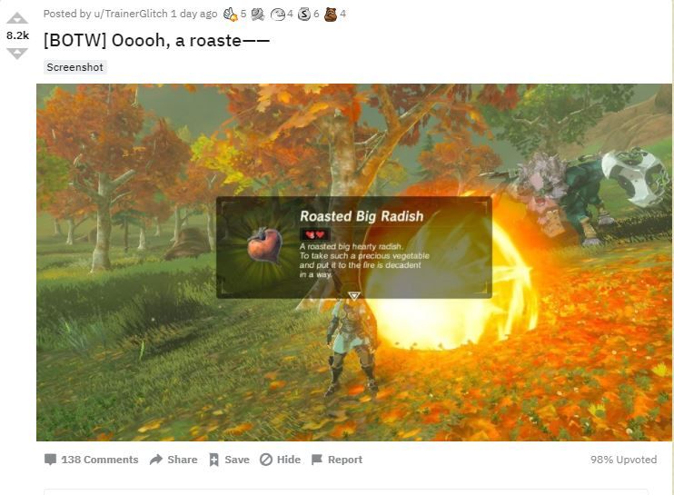 A screenshot of a social media post titled "[BOTW] Ooooh, a roaste——"