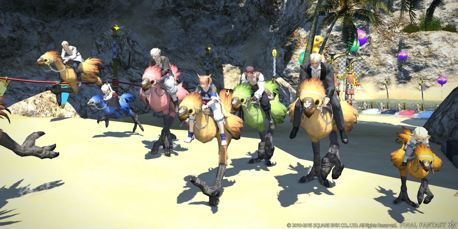 Final Fantasy XIV Chocobo racing showing many players and Chocobo racing together in a beach area