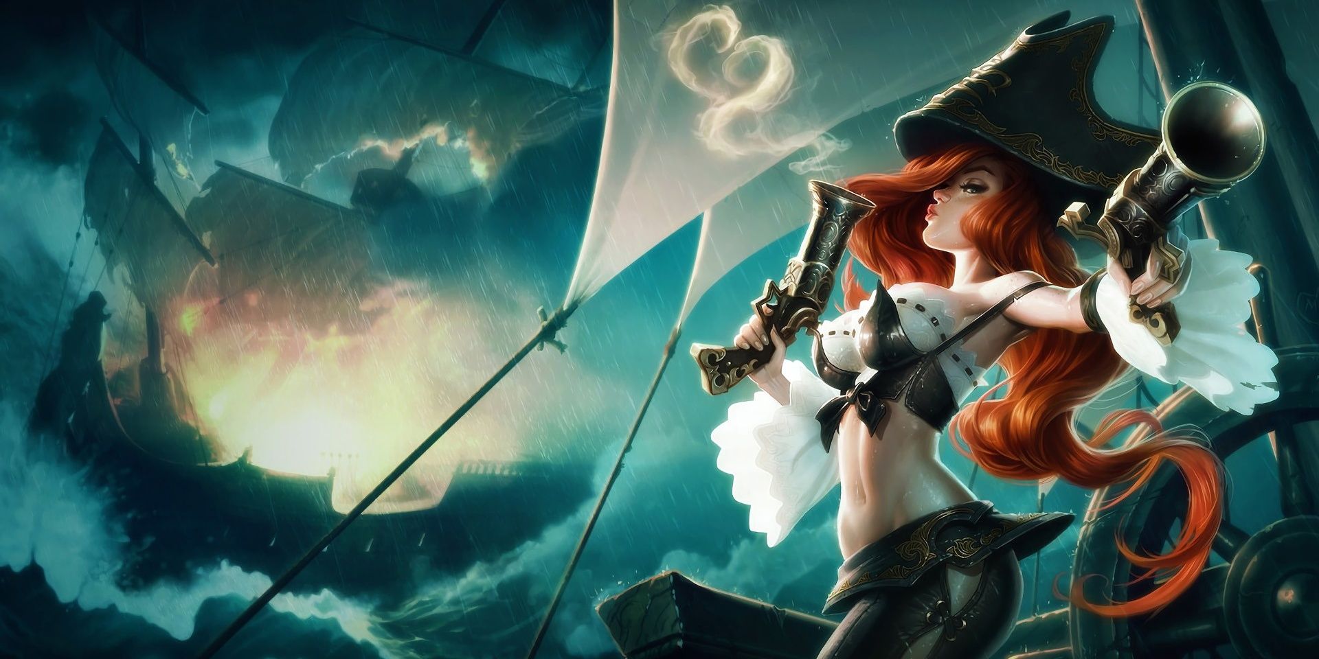 Miss Fortune Aiming Gun While Blowing Smoke From Secondary Gun