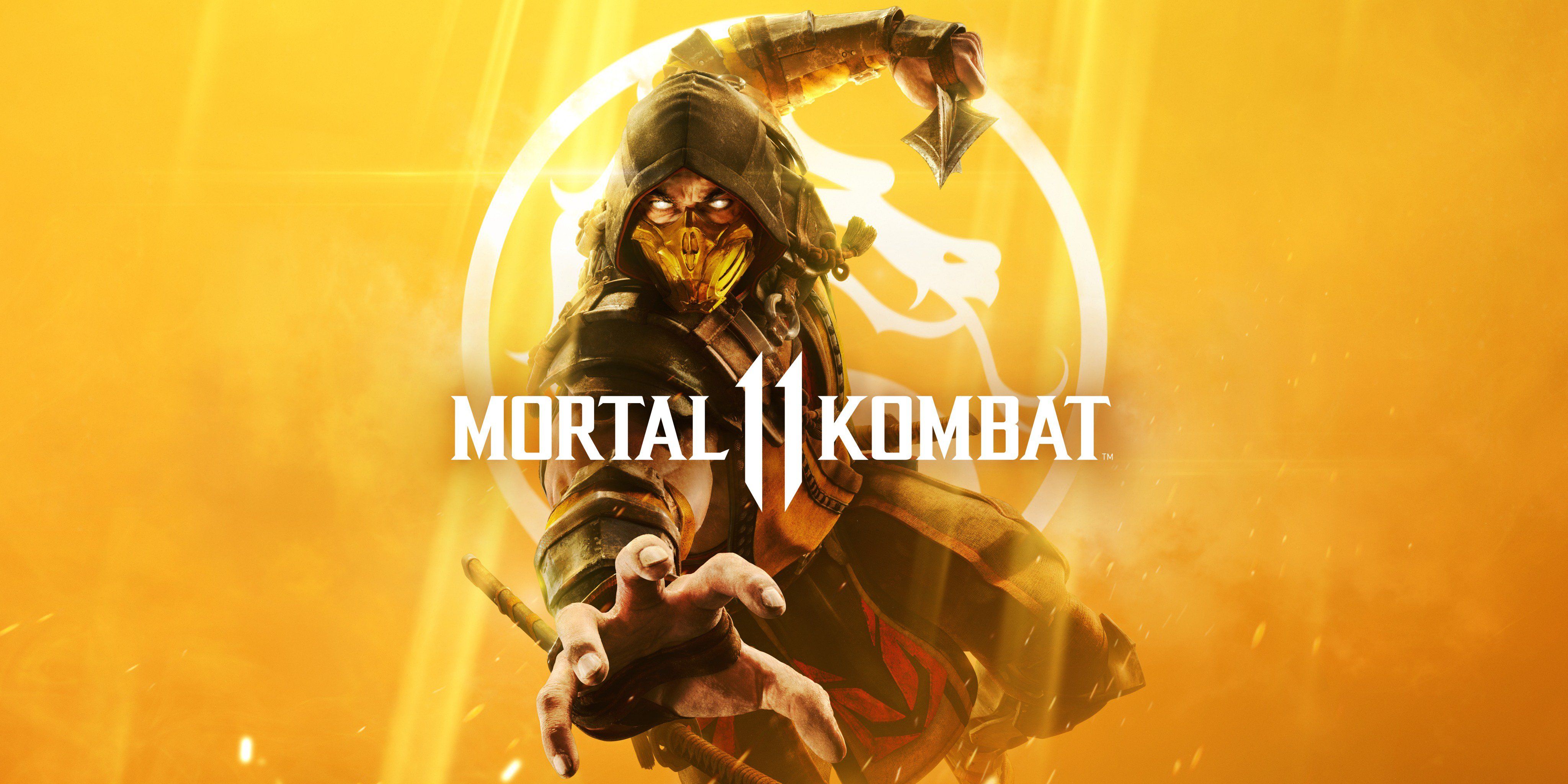 Mortal Kombat fighter Scorpion stands on a yellow background behind the logo.