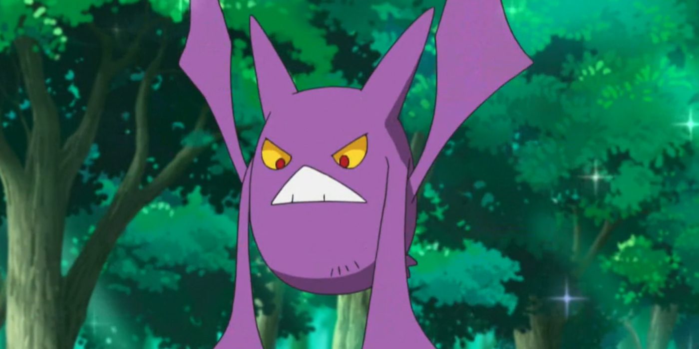 Crobat from the Pokemon anime fluttering in a forest