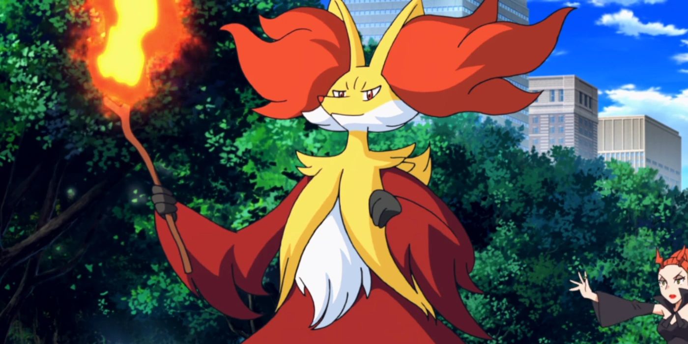 Delphox holding a branch with a flame on the tip