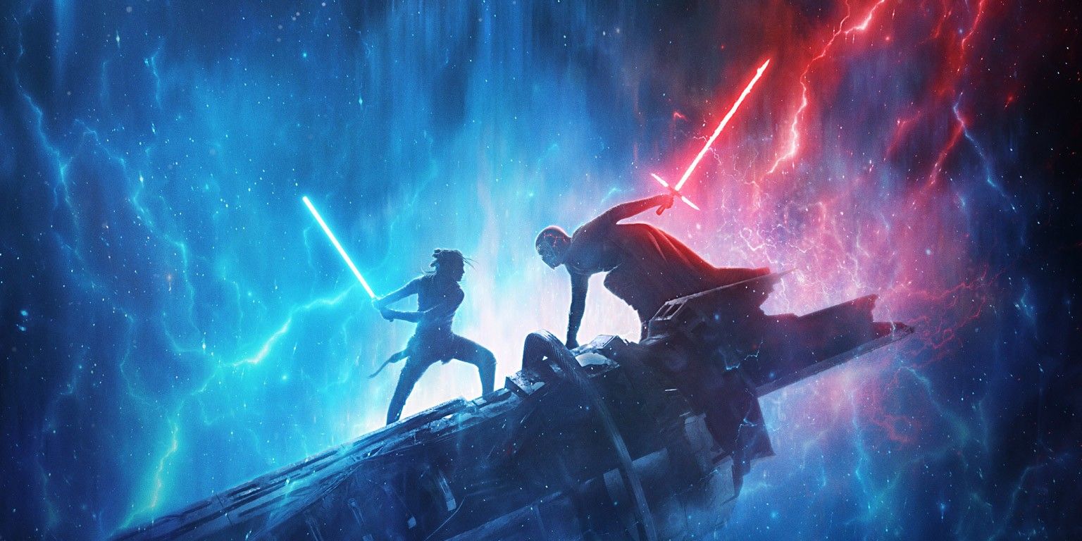 The movie cover of Episode IX: Rise of Skywalker. Featuring a duel between Rey and Kylo Ren.