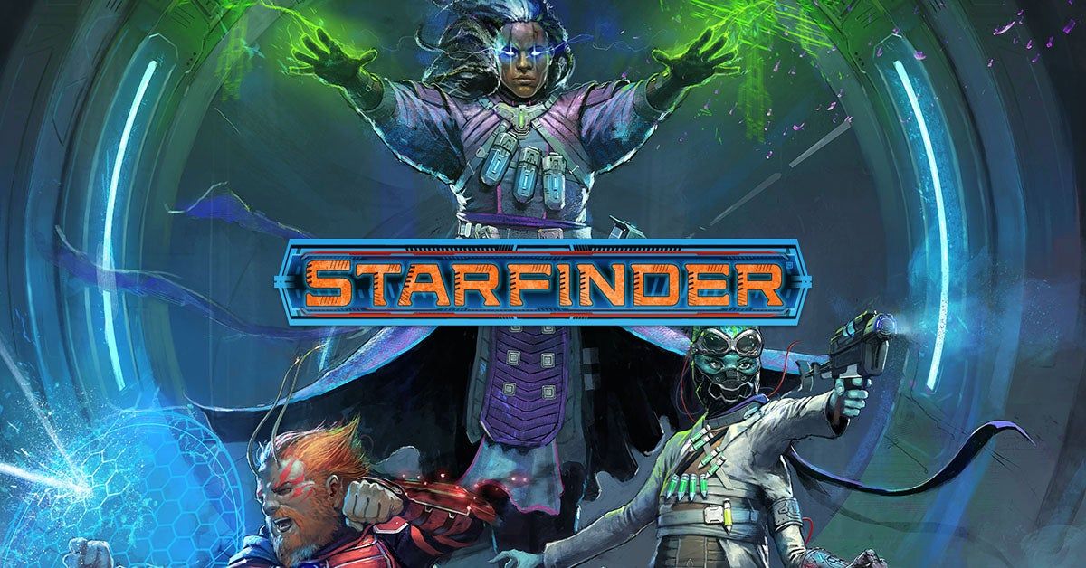 Three Starfinder characters surround the main logo.