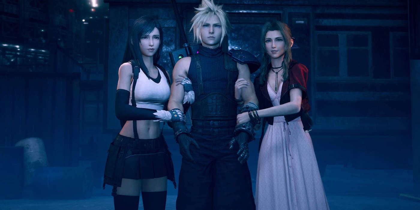 Tifa and Aerith hold on to Clouds arms in Final Fantasy 7 Remake